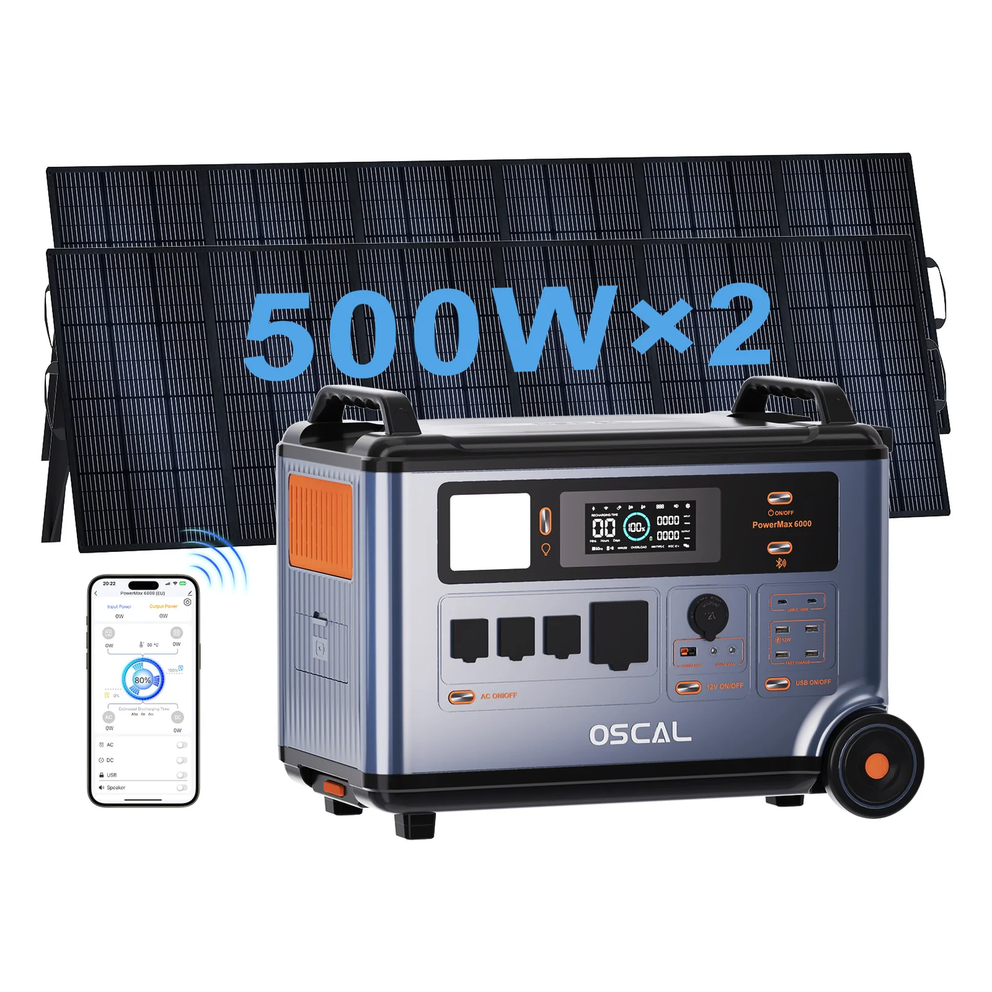 OSCAL PowerMax 6000 Solar Generator with 2x500W Solar Panel